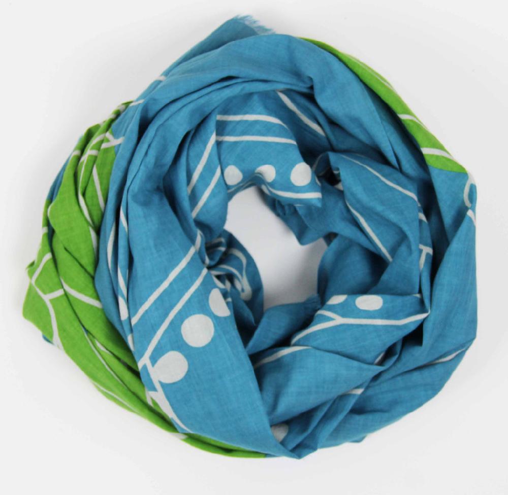 Greige Hand-Printed Large Organic Cotton Rectangular Scarf - Mekong Blue