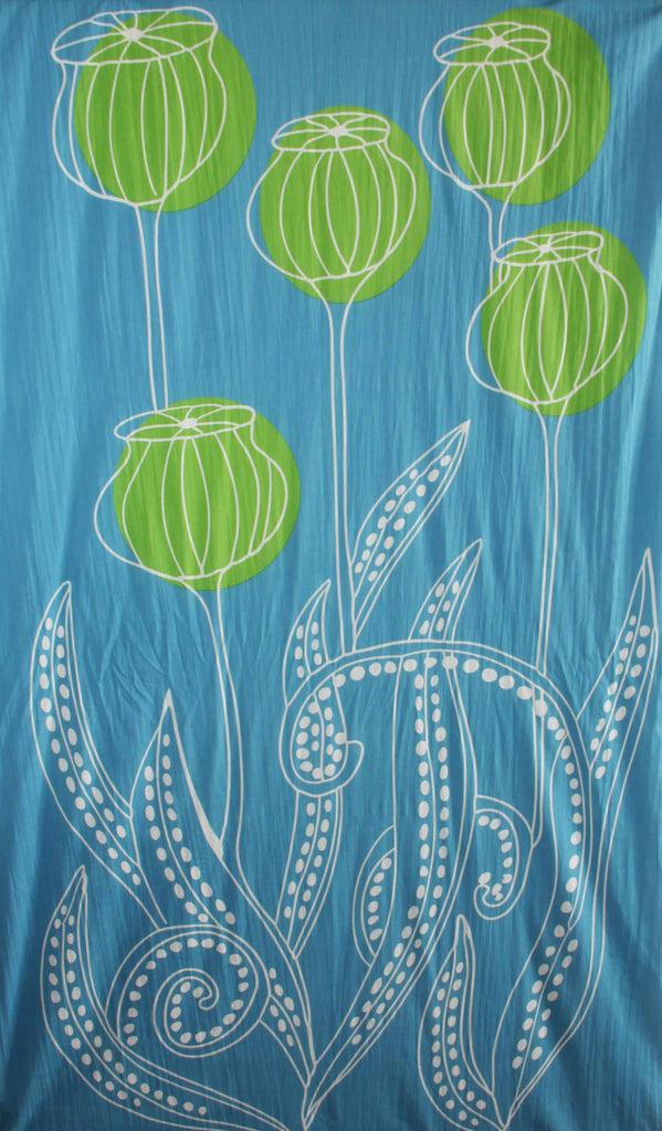 greige Hand-Printed Large Organic Cotton Rectangular Scarf - Mekong Blue