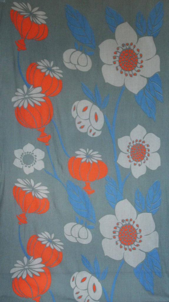 greige Hand-Printed Large Organic Cotton Rectangular Scarf - Poppy Khaki