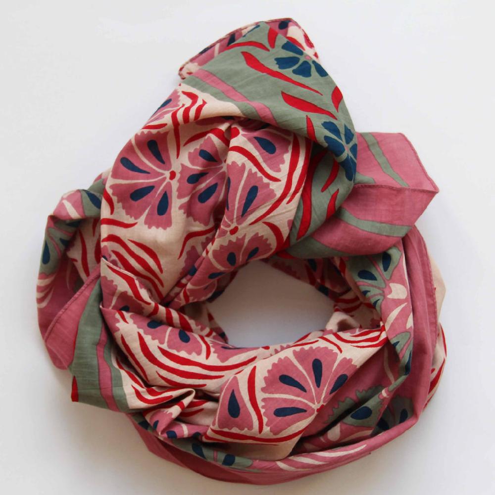 Greige Hand-Printed Large Organic Cotton Square Scarf - Diego Rose