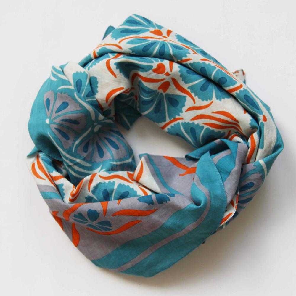 Greige Hand-Printed Large Organic Cotton Square Scarf - Diego Orange
