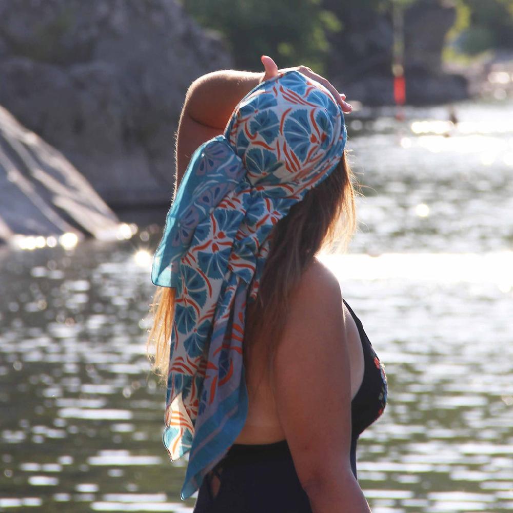 Greige Hand-Printed Large Organic Cotton Square Scarf - Diego Orange