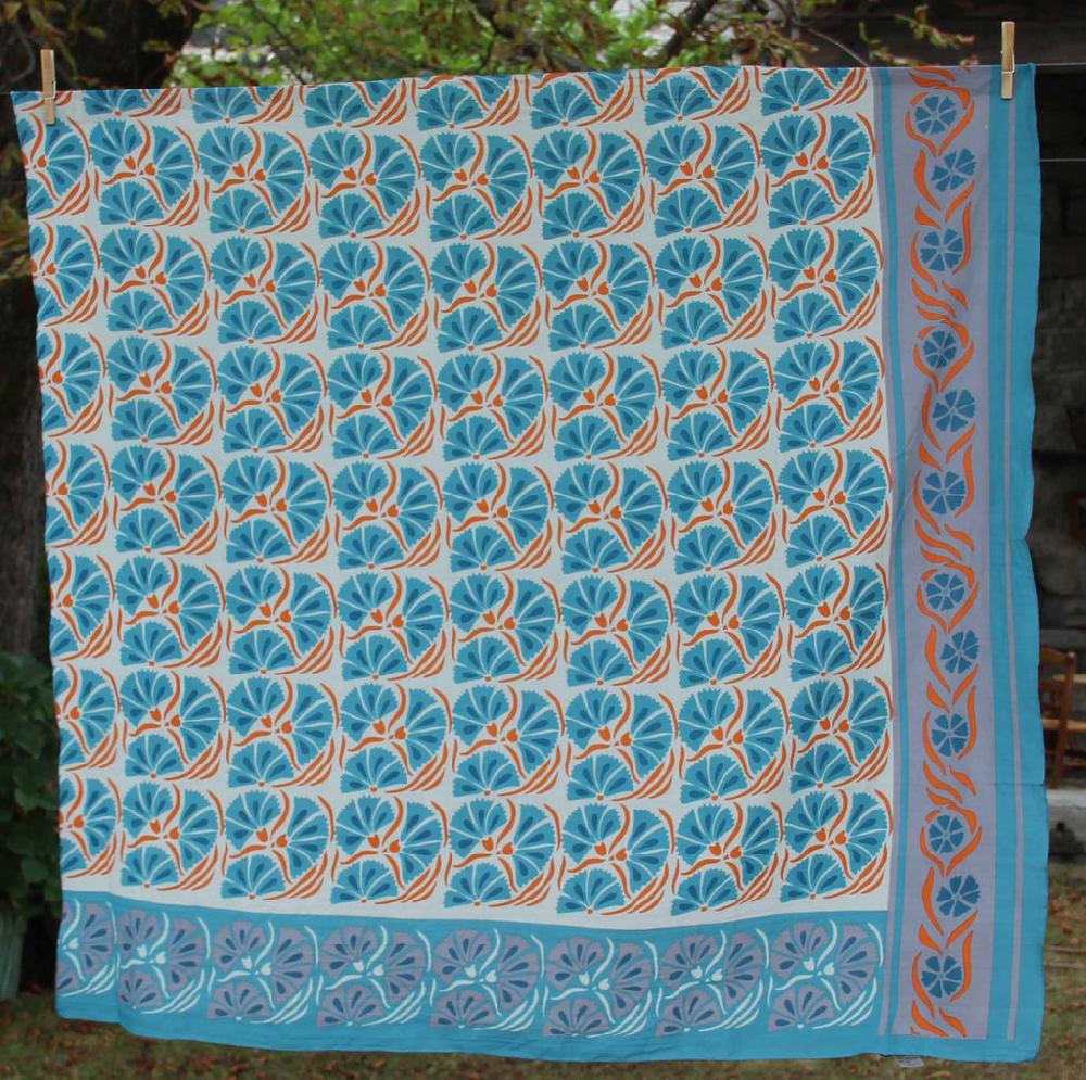 greige Hand-Printed Large Organic Cotton Square Scarf - Diego Orange