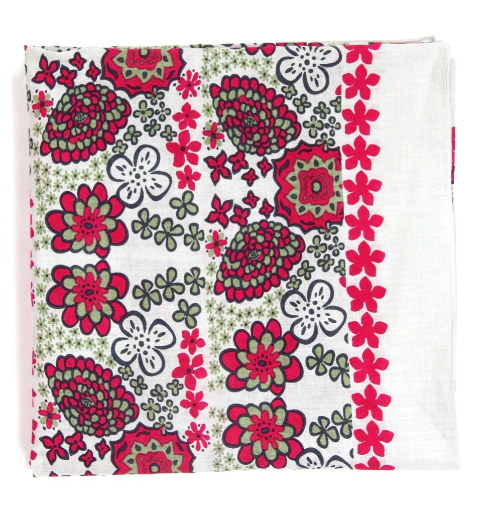 greige Hand-Printed Large Organic Cotton Square Scarf - Hawaii Fuchsia