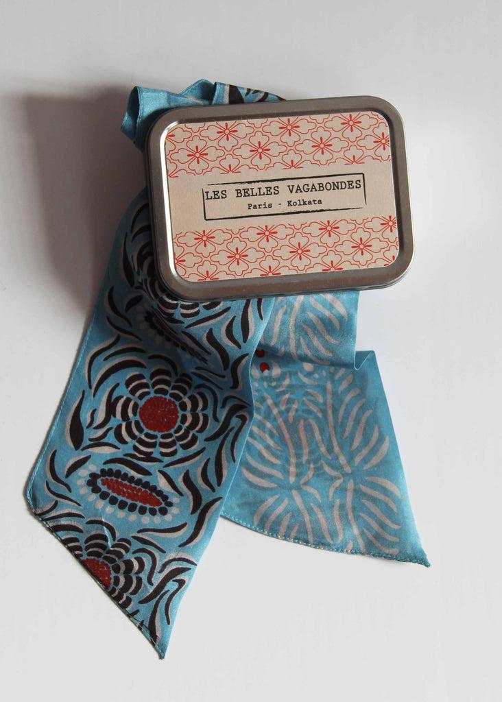 Greige Hand-Printed Silk Bandeau Scarf In Tin - Camelia Blue