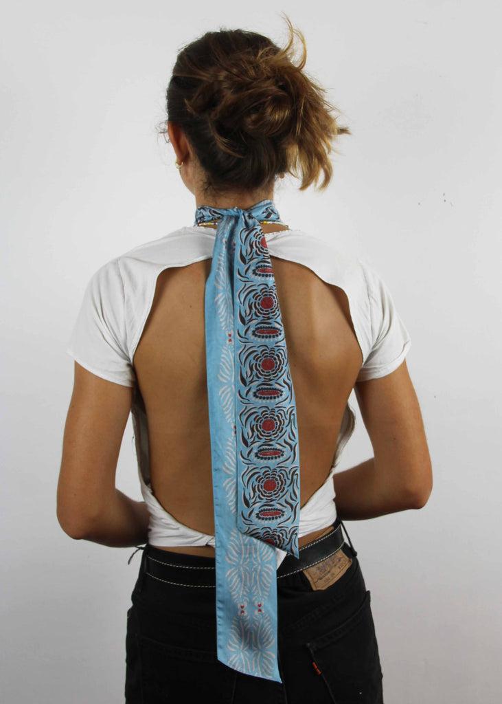 Greige Hand-Printed Silk Bandeau Scarf In Tin - Camelia Blue