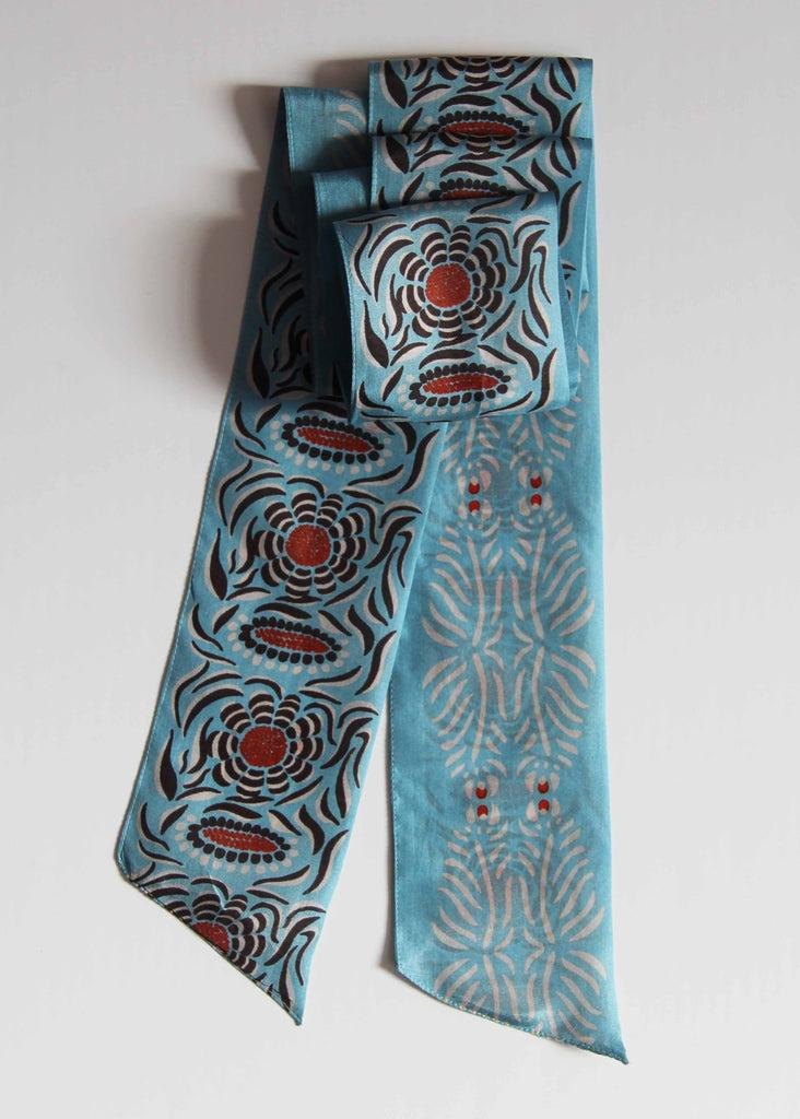 Greige Hand-Printed Silk Bandeau Scarf In Tin - Camelia Blue