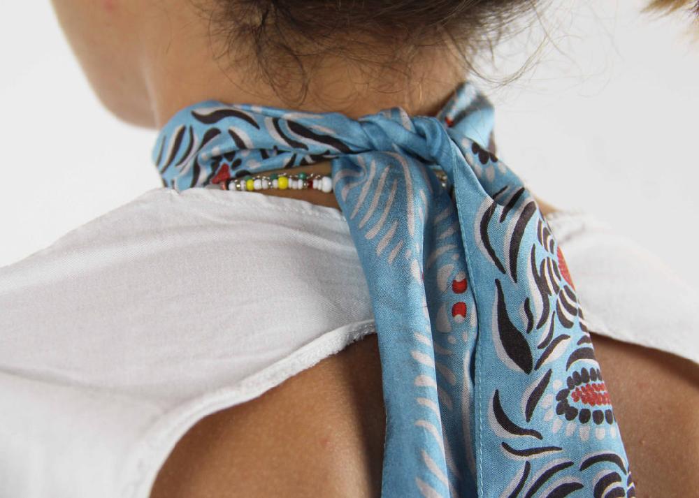 greige Hand-Printed Silk Bandeau Scarf in Tin - Camelia Blue