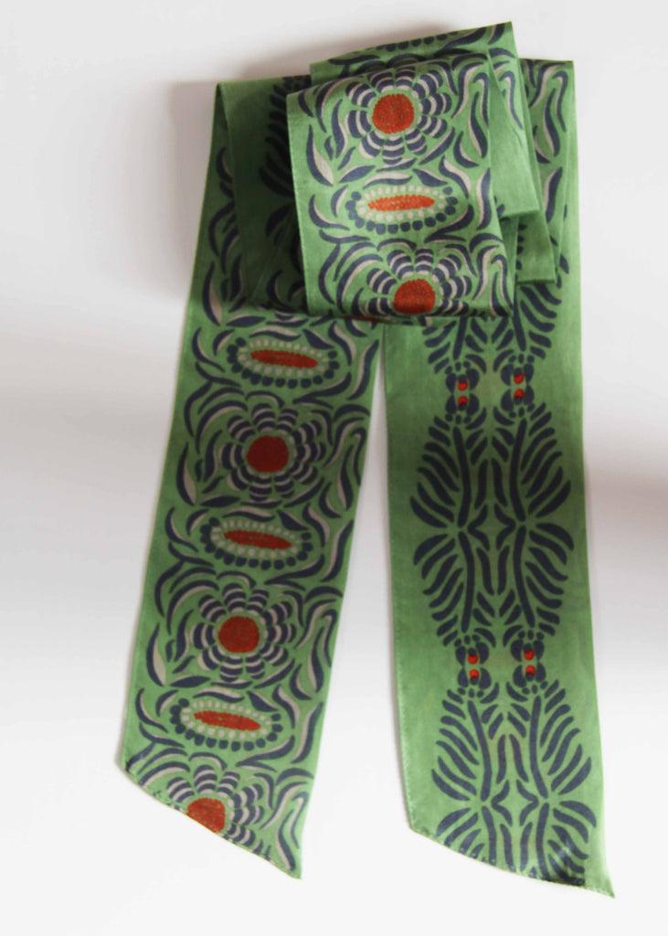 Greige Hand-Printed Silk Bandeau Scarf In Tin - Camelia Khaki