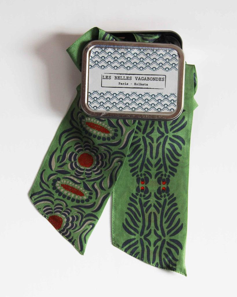 greige Hand-Printed Silk Bandeau Scarf in Tin - Camelia Khaki