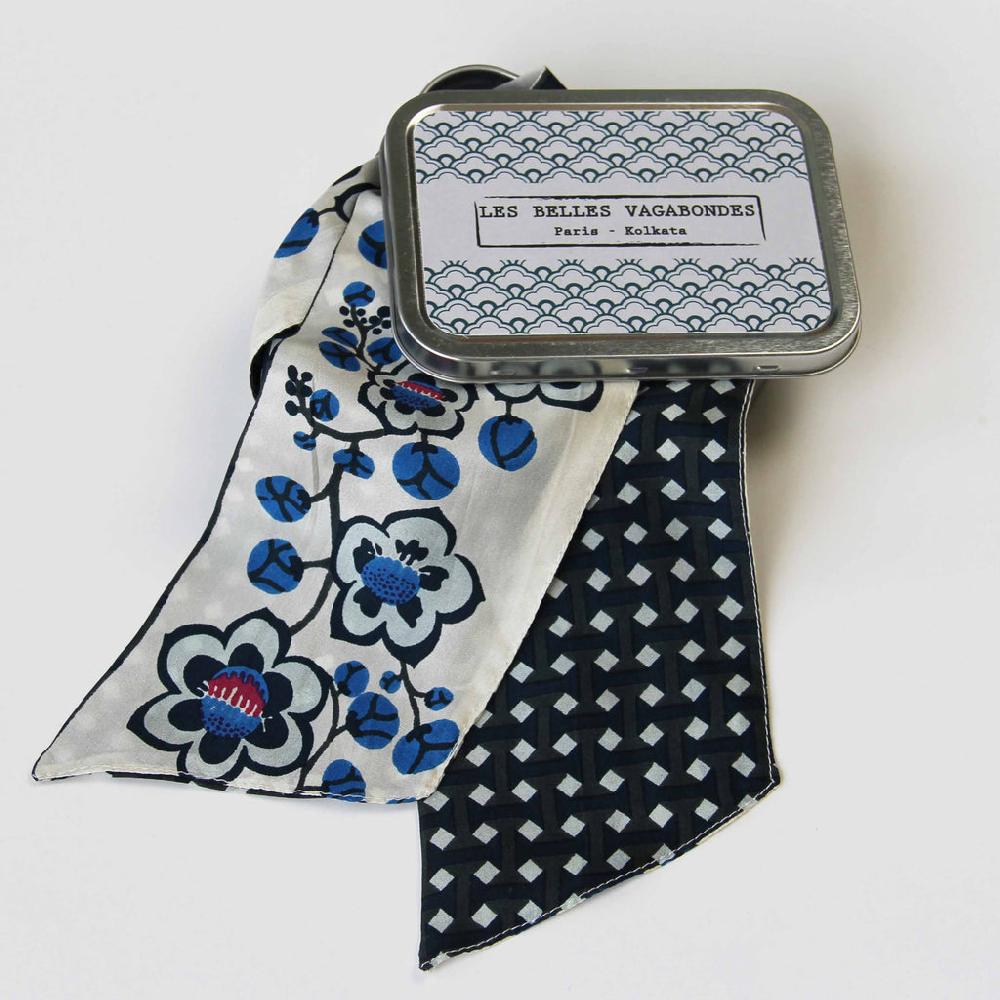 greige Hand-Printed Silk Bandeau Scarf in Tin - Cotton Club Blue