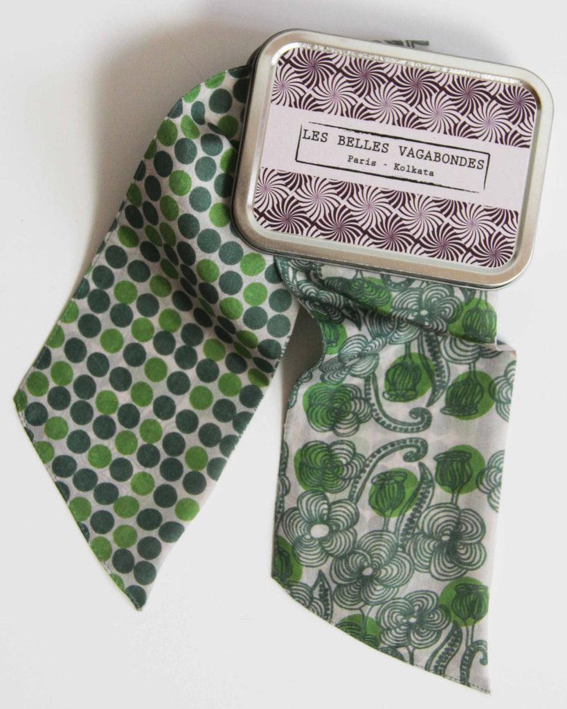 greige Hand-Printed Silk Bandeau Scarf in Tin - Laos Green