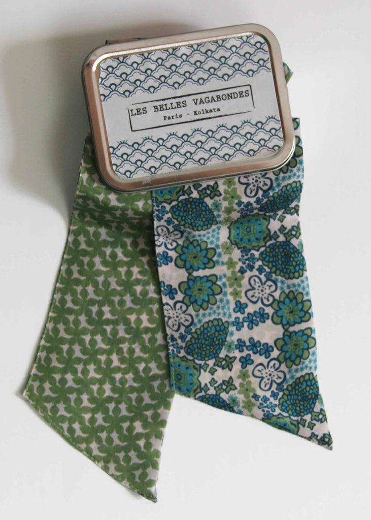 Greige Hand-Printed Silk Bandeau Scarf In Tin - Morea Blue