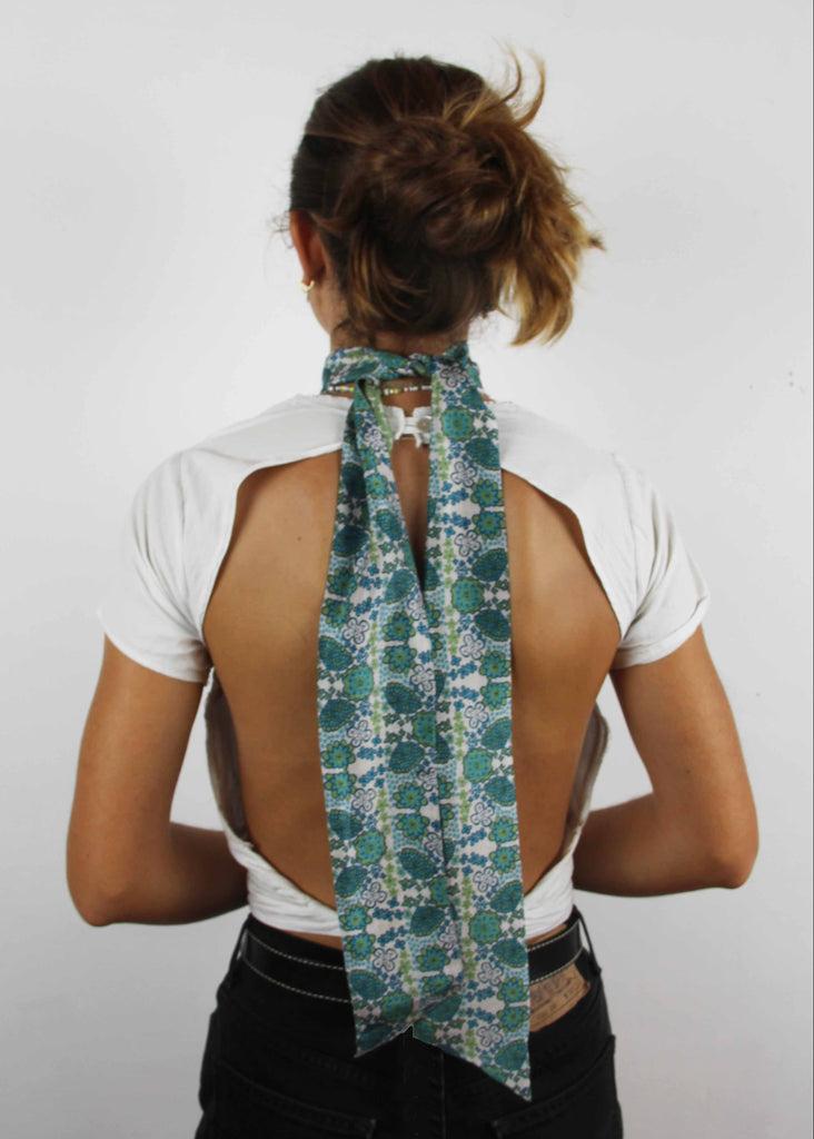 Greige Hand-Printed Silk Bandeau Scarf In Tin - Morea Blue