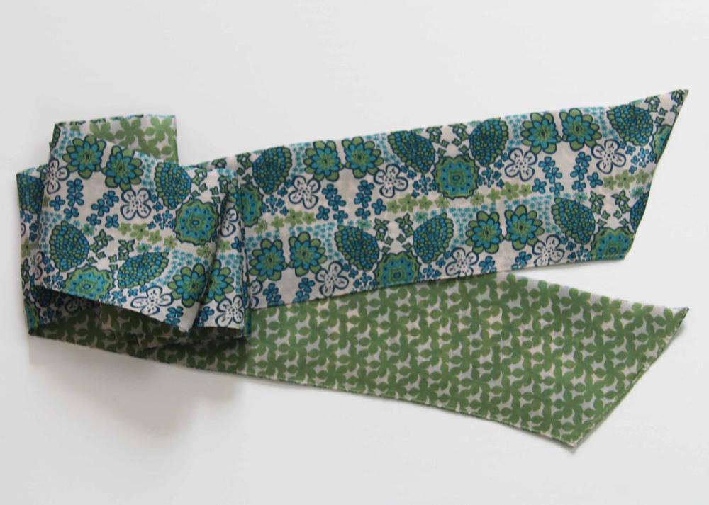 greige Hand-Printed Silk Bandeau Scarf in Tin - Morea Blue