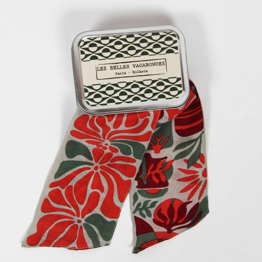 greige Hand-Printed Silk Bandeau Scarf in Tin - Ylang Ylang Orange