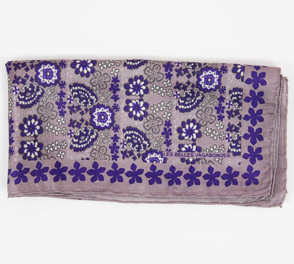 Greige Hand-Printed Small Square Silk Scarf In Box - Caraibes Purple