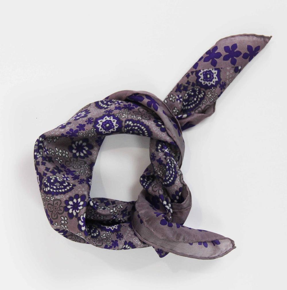 Greige Hand-Printed Small Square Silk Scarf In Box - Caraibes Purple