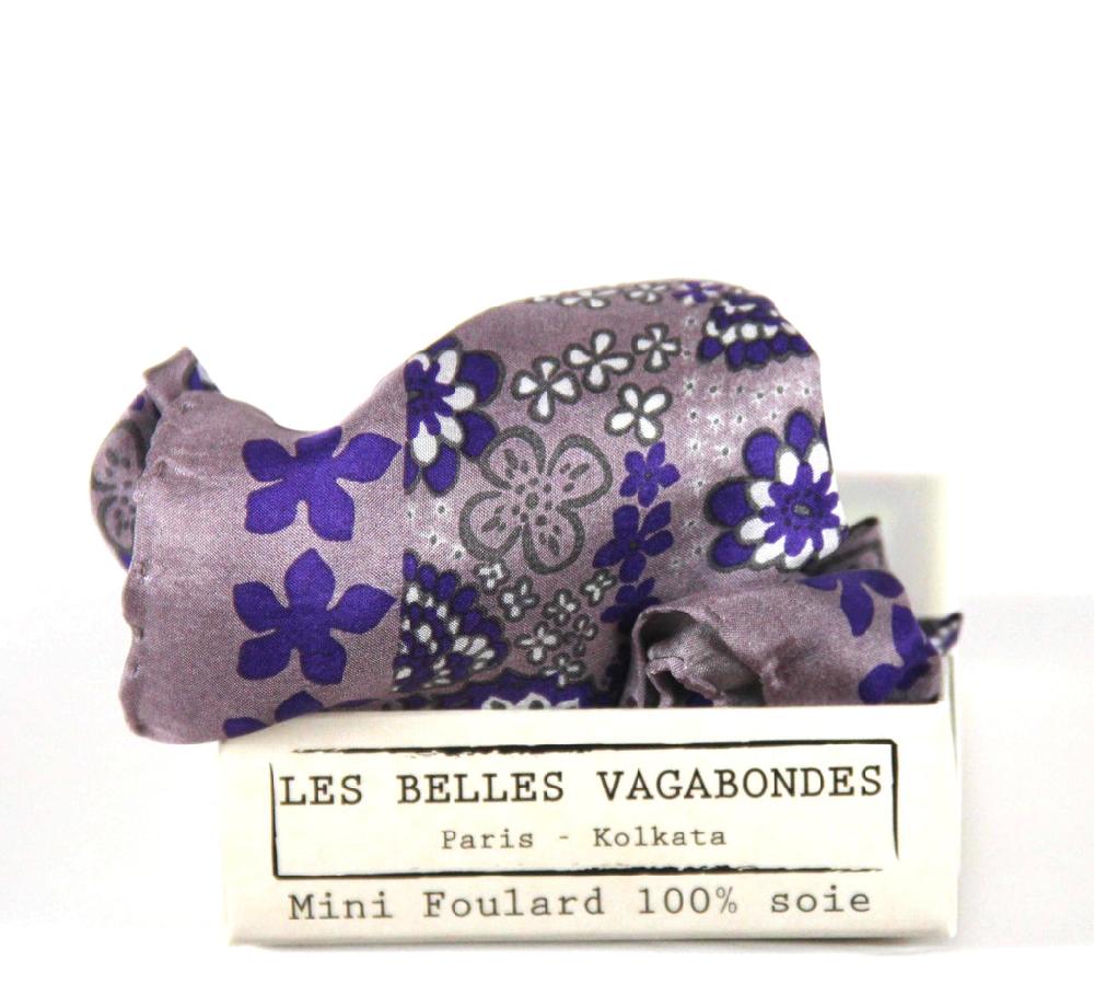 greige Hand-Printed Small Square Silk Scarf in Box - Caraibes Purple
