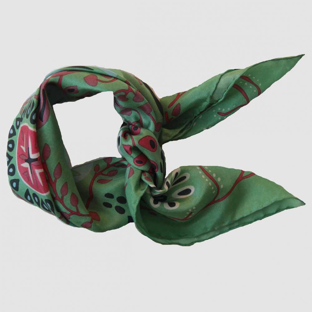 Greige Hand-Printed Small Square Silk Scarf In Box - Marushka Green