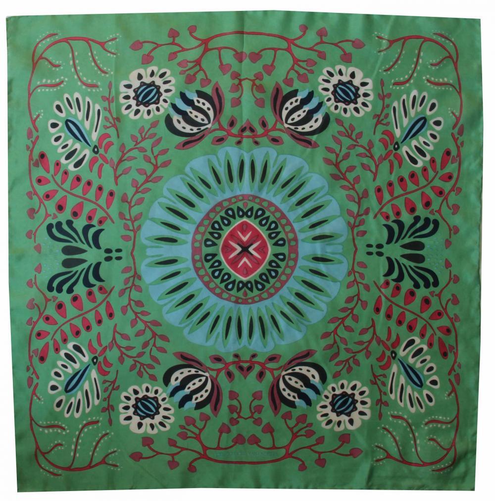 greige Hand-Printed Small Square Silk Scarf in Box - Marushka Green
