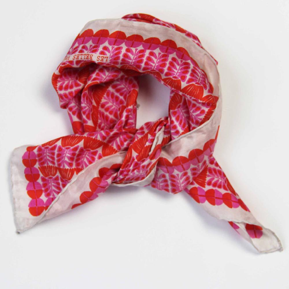 greige Hand-Printed Small Square Silk Scarf in Box - Oslo Fuchsia