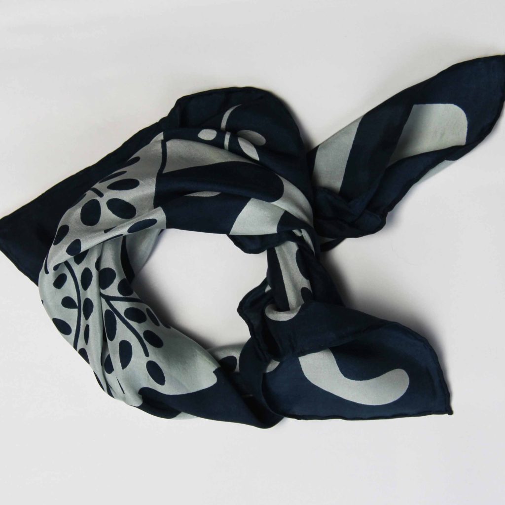Greige Hand-Printed Small Square Silk Scarf In Box - Peace And Love Navy