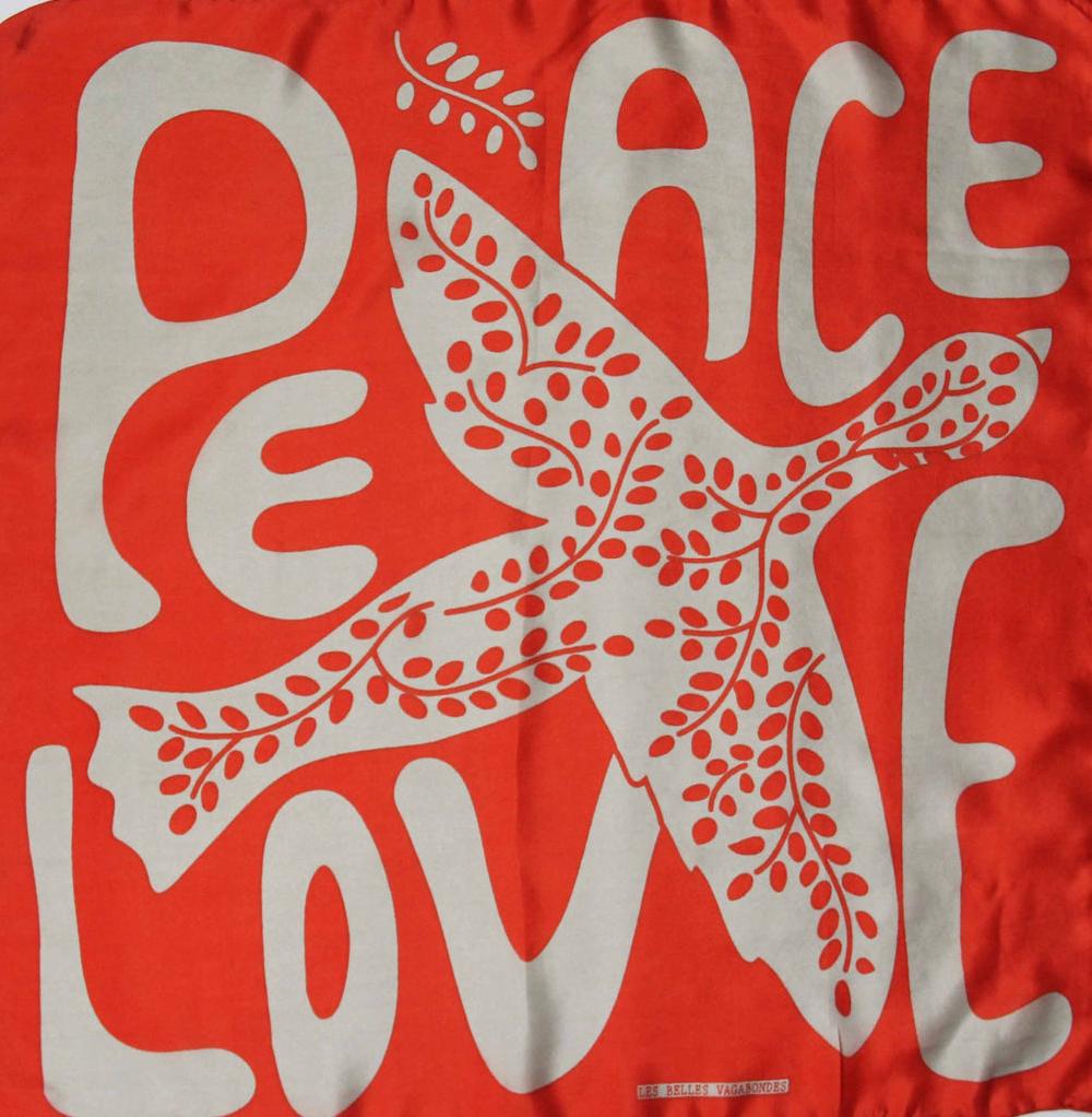 greige Hand-Printed Small Square Silk Scarf in Box - Peace and Love Orange