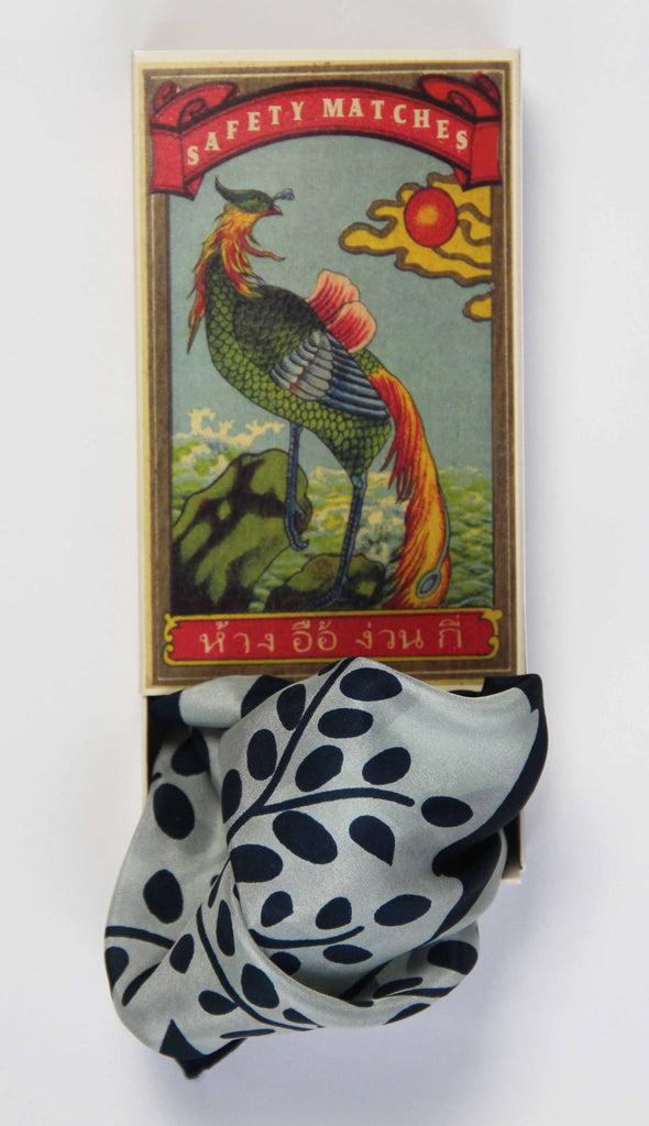 Greige Hand-Printed Small Square Silk Scarf In Box - Peace And Love Navy