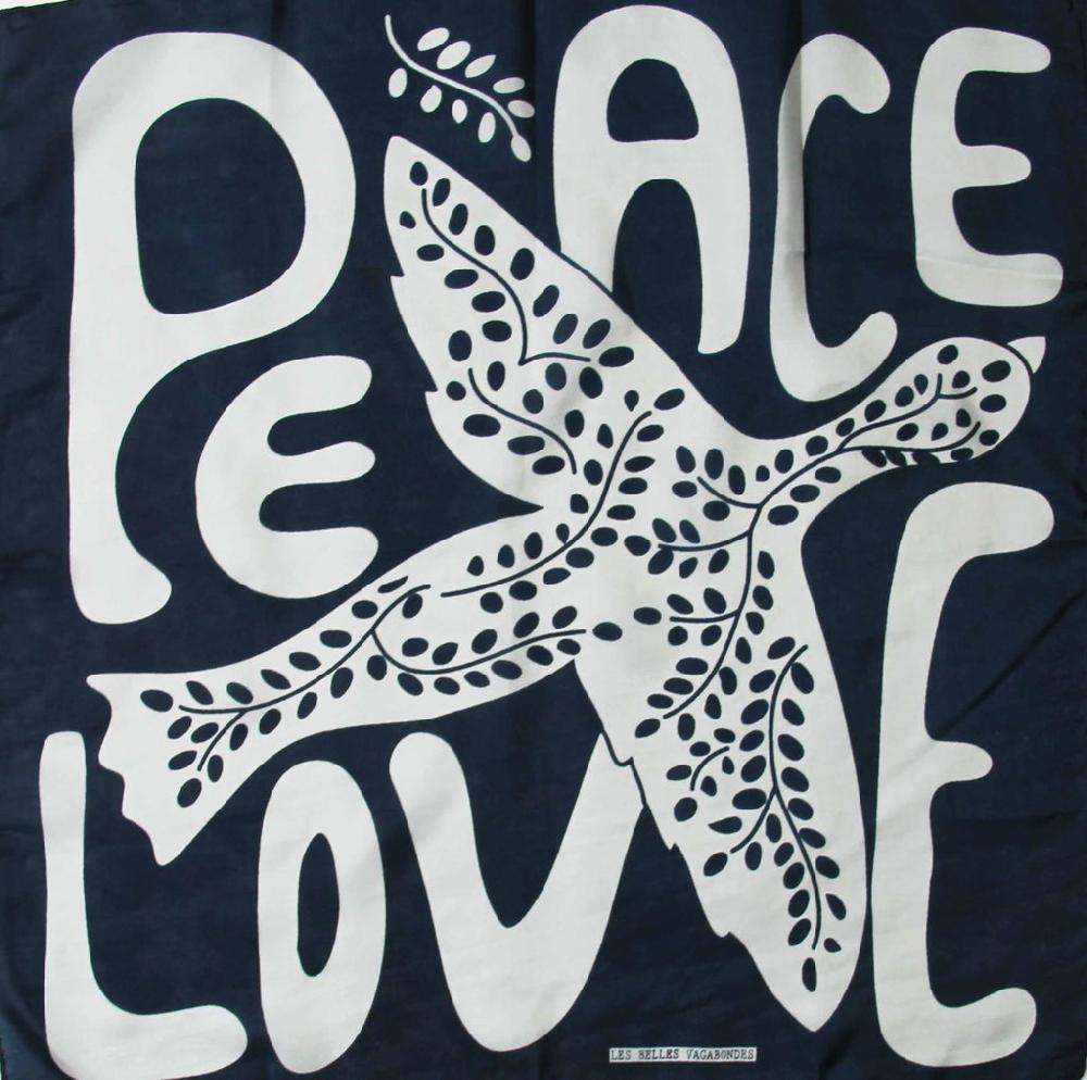 greige Hand-Printed Small Square Silk Scarf in Box - Peace and Love Navy