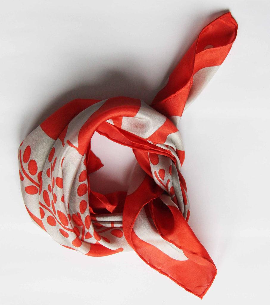 Greige Hand-Printed Small Square Silk Scarf In Box - Peace And Love Orange