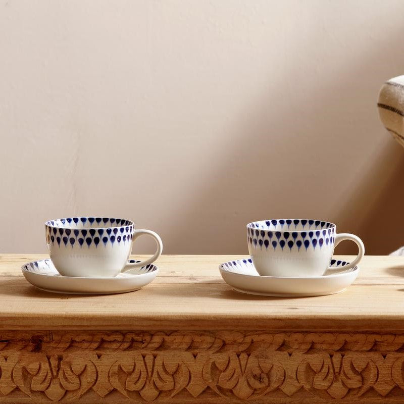 Greige Handmade Ceramic Cup & Saucer - Indigo Drop Design