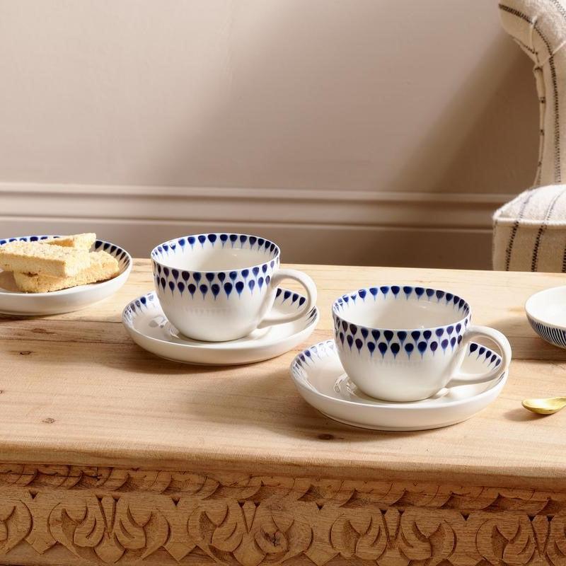 Greige Handmade Ceramic Cup & Saucer - Indigo Drop Design