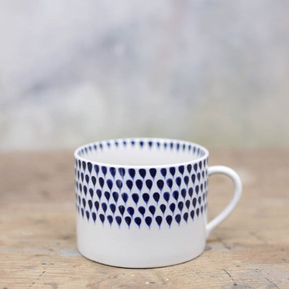 Greige Handmade Ceramic Squat Mug - Indigo Drop Design - Large