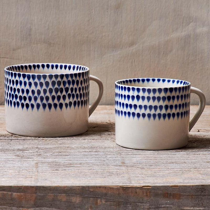 Greige Handmade Ceramic Squat Mug - Indigo Drop Design - Small