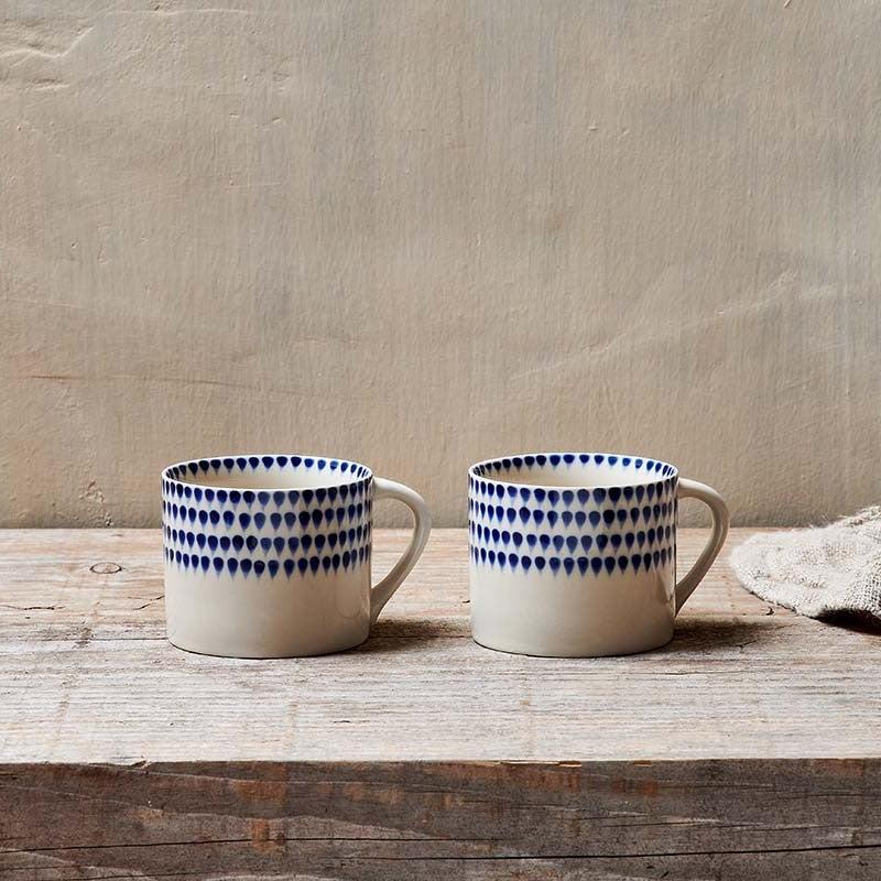 greige Handmade Ceramic Squat Mug - Indigo Drop Design - Small