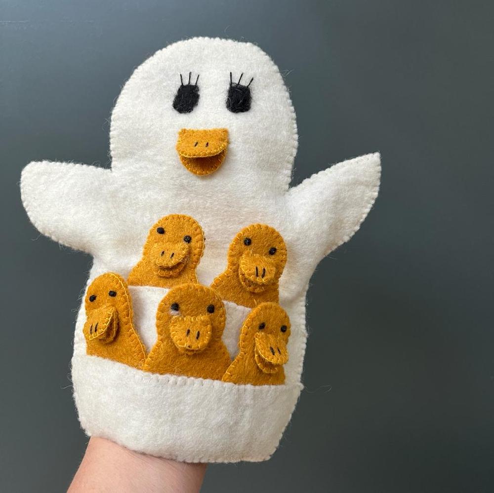 greige Handmade Felt Duck and Ducklings Hand Puppet - Fairtrade