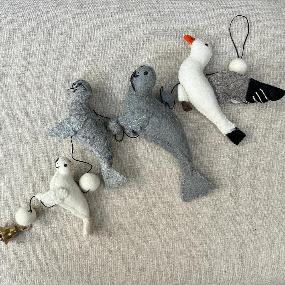 greige Handmade Felt Seals and Seagull String - Fairtrade