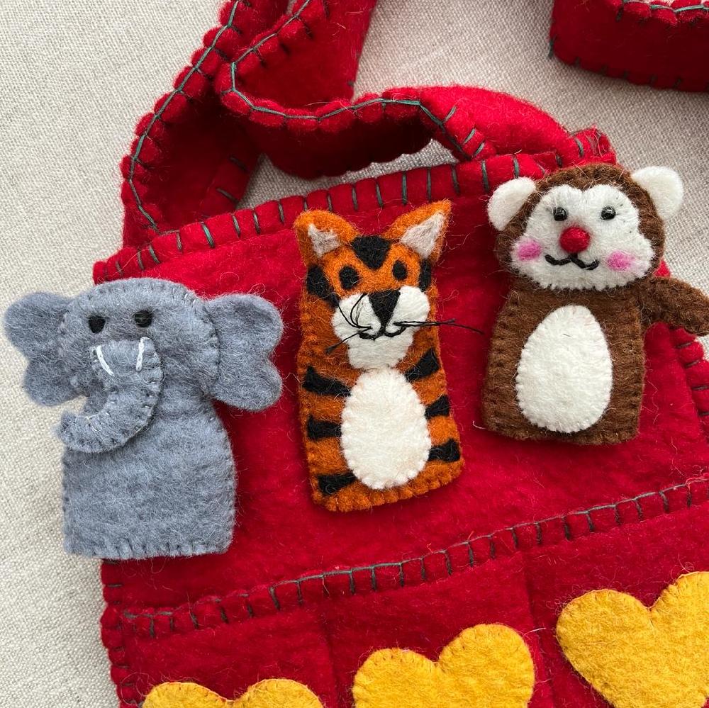 Greige Handmade Puppet Bag - Wild Animals A - Fairtrade