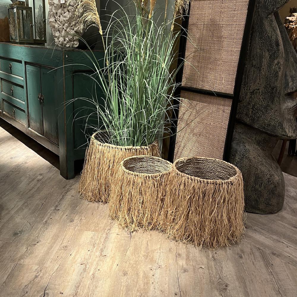 Greige Handwoven Fringed Seagrass Basket - Set Of Three