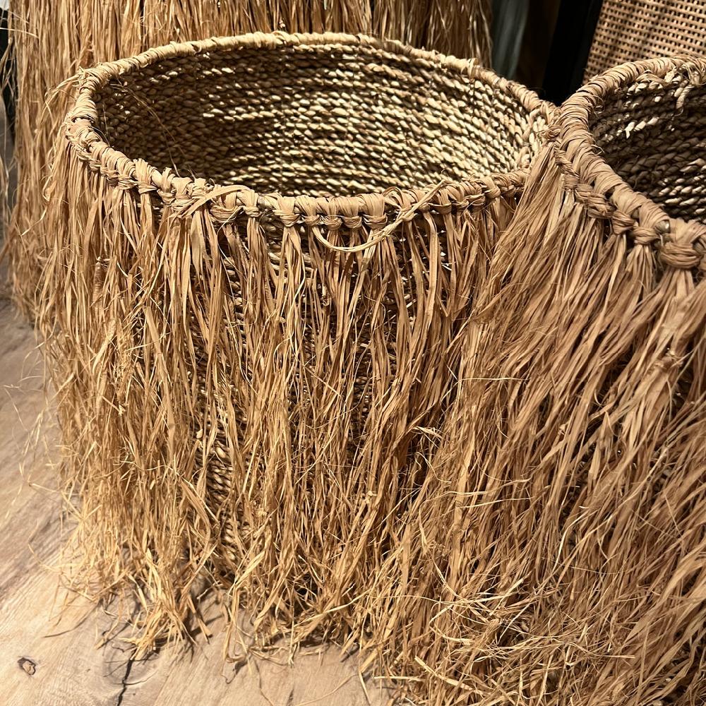 Greige Handwoven Fringed Seagrass Basket - Set Of Three