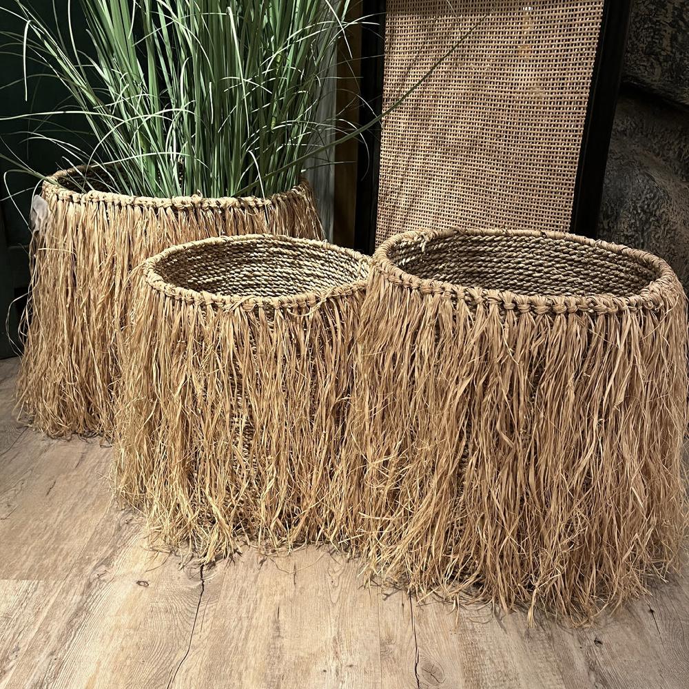 greige Handwoven Fringed Seagrass Basket - Set of Three