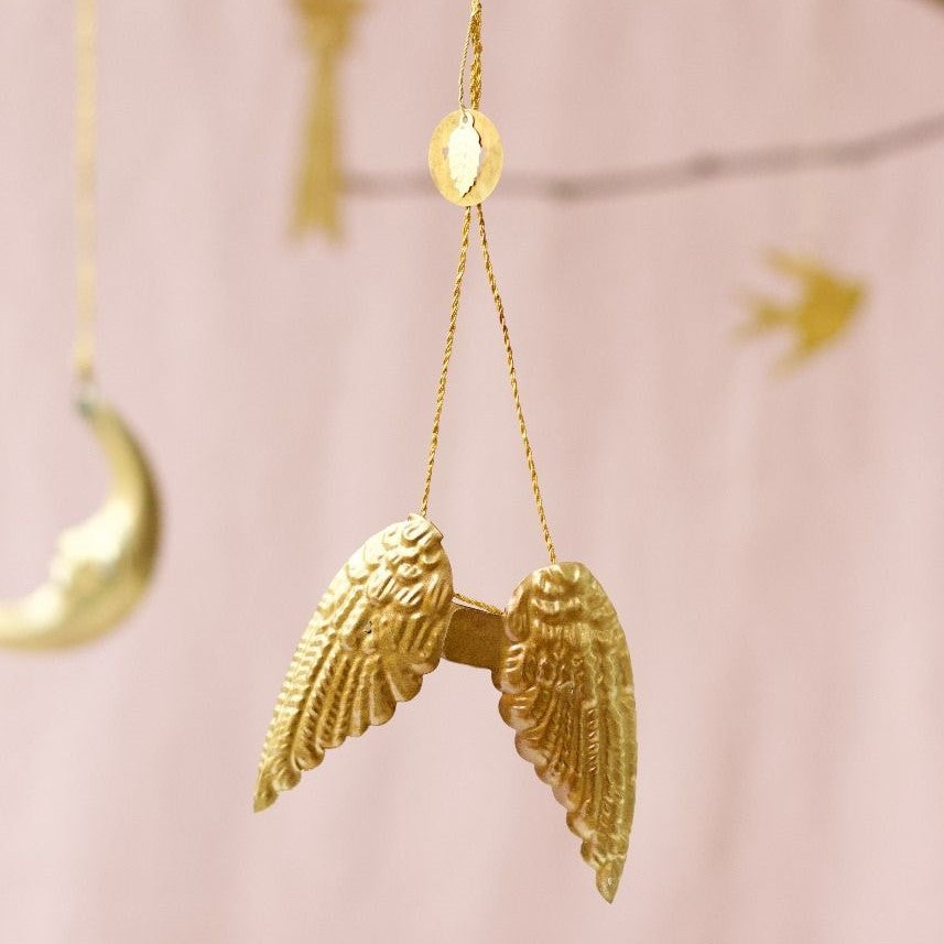 Greige Hanging Antique Brass Angel Wings Decoration