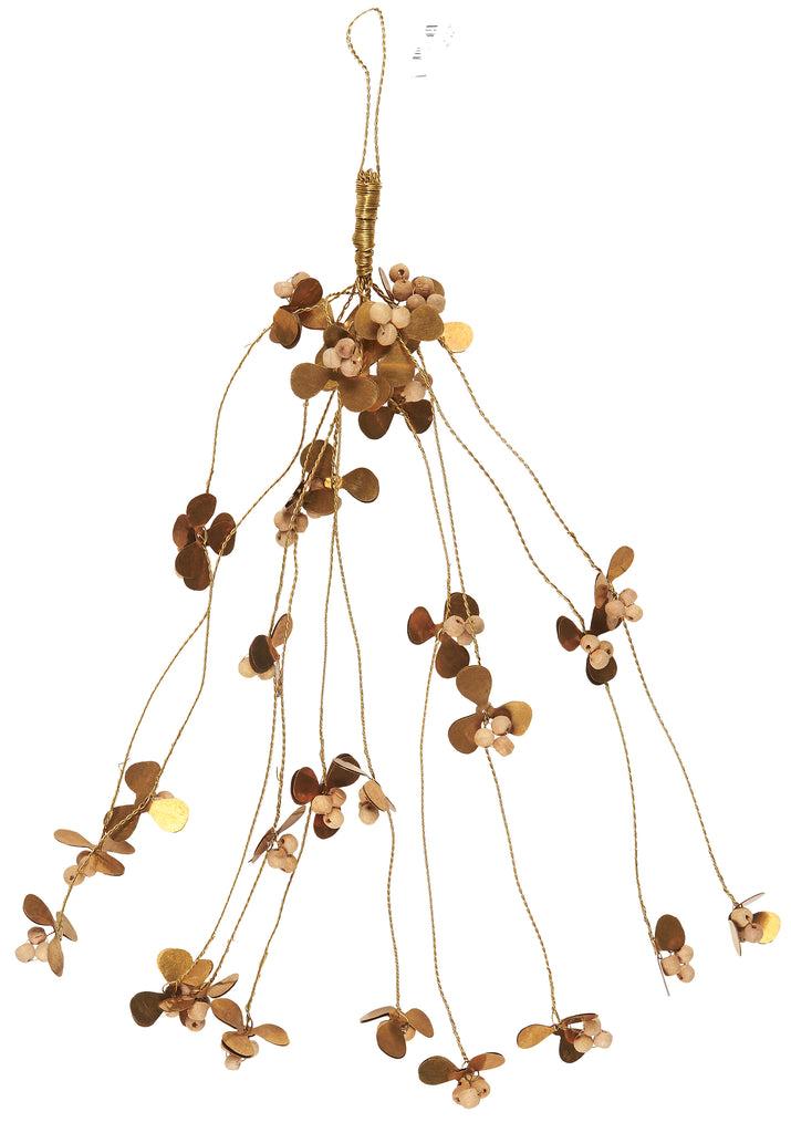 Greige Hanging Brass Leaves And Natural Wooden Berries Bunch