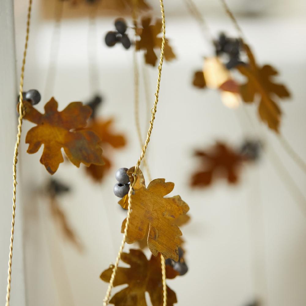 Greige Hanging Brass Oak Leaves And Black Berries Bunch