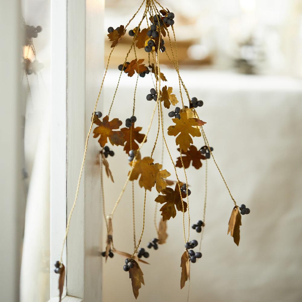 greige Hanging Brass Oak Leaves and Black Berries Bunch