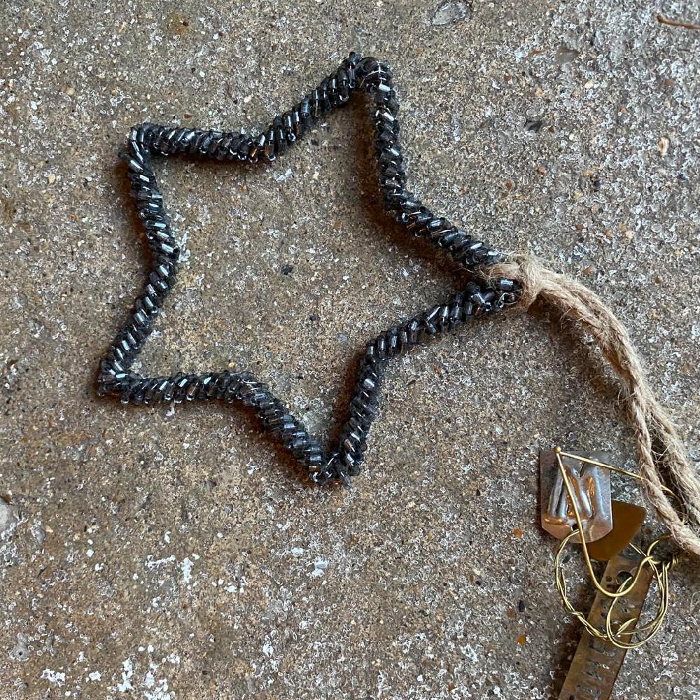 greige Hanging Dark Grey Sparkle Beaded Star Decoration - 10cm - Walther & Co