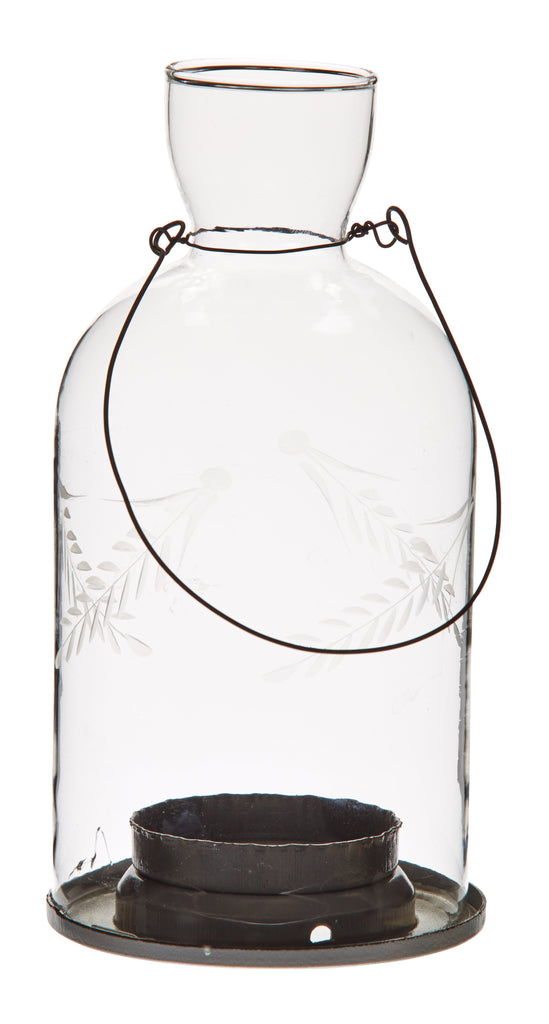 Greige Hanging Etched Glass Bottle Tealight Lanterns - Large