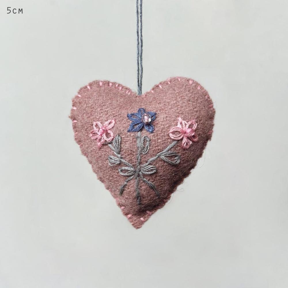 Greige Hanging Felt Heart With Floral Embroidery - Cream Or Pink