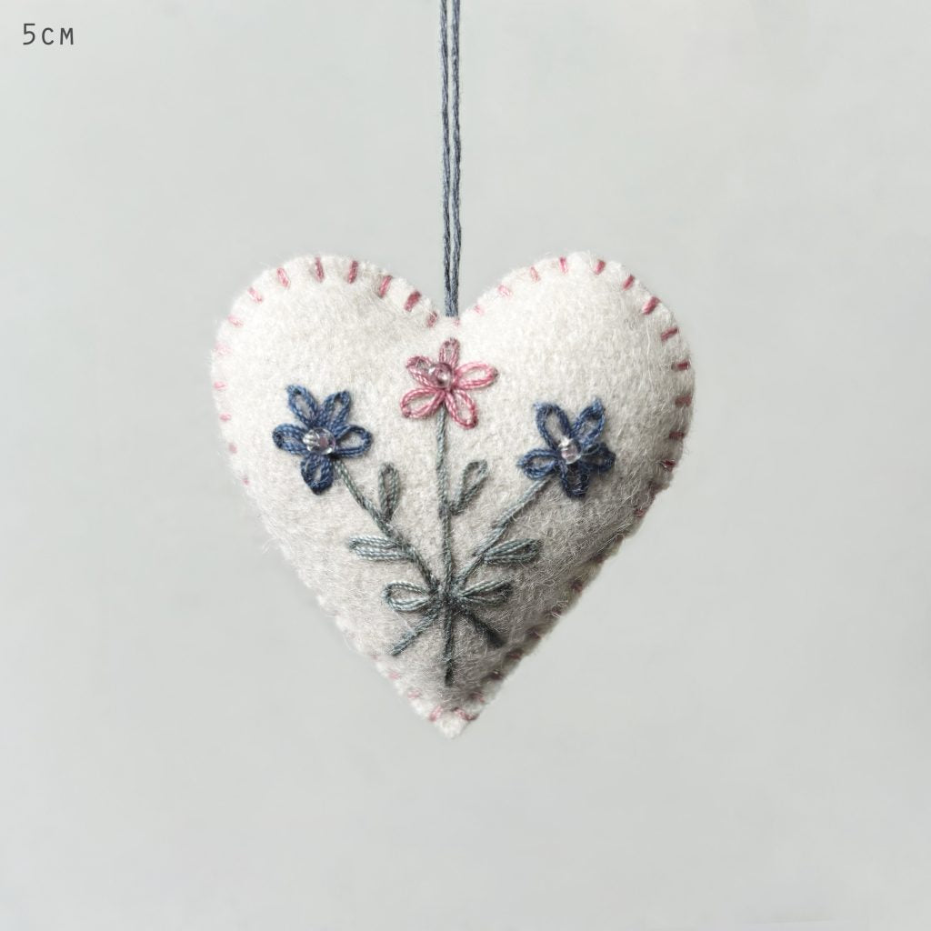 greige Hanging Felt Heart with Floral Embroidery - Cream or Pink